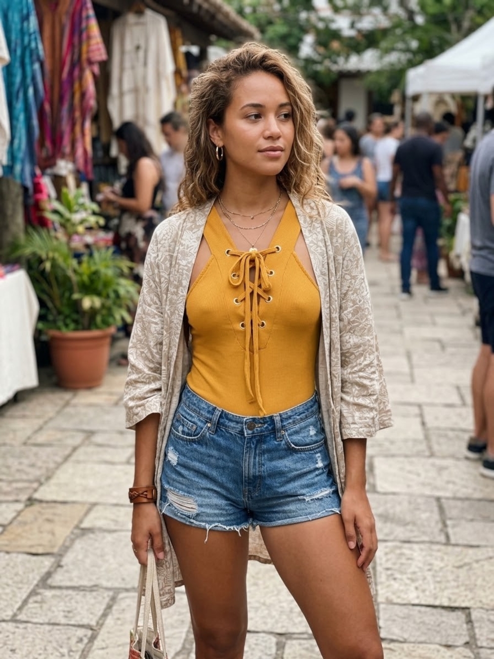 Discovery Mustard Lace-Up Sleeveless Knit Top
